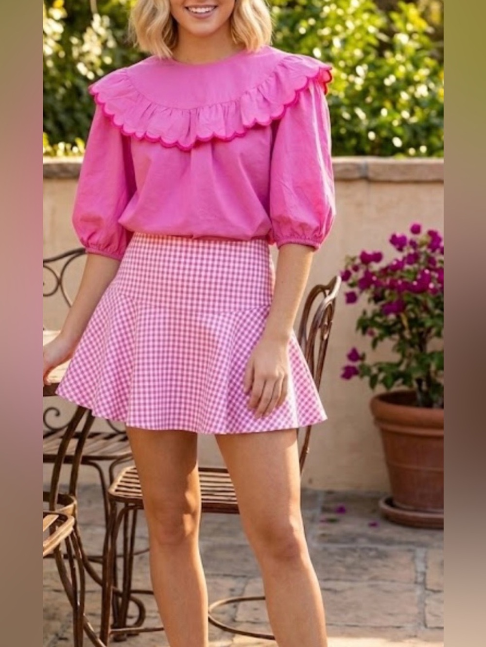 Crosby pink puff blouse pink embroidered scalloped oversized collar XS